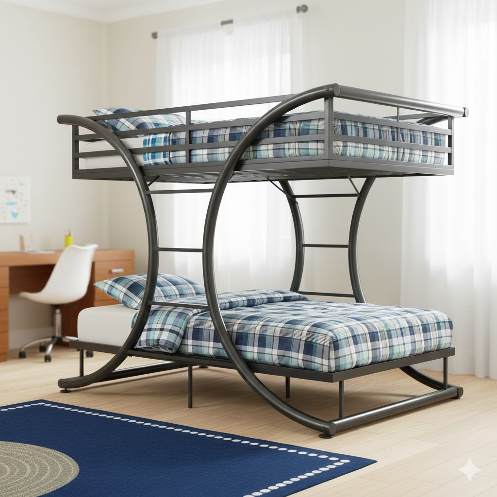 Modern heavy-duty metal bunk bed with arc-shaped frame and electrostatic black finish for space-saving bedrooms in Egypt.