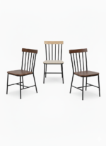 Modern black metal chair with a wooden seat and backrest for cafés and restaurants.