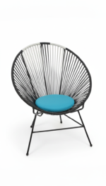 Quality Furniture Acapulco chair with blue and black cotton weaving, featuring a black electrostatic-coated steel frame and a comfortable round seat cushion.