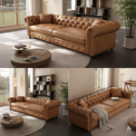 Luxury brown leather Chesterfield sofa with diamond-tufted Capitonné design and solid wood frame for executive office interiors.