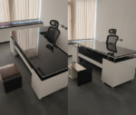 Luxury black and white high-gloss executive wood desk with side cabinet and coffee table by Quality Furniture Egypt.