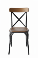 Industrial-style X-back chair with a black metal frame and solid wood seat by Quality Furniture.