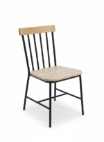 Modern black metal chair with a wooden seat and backrest for cafés and restaurants.