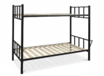 Black heavy-duty metal bunk bed with reinforced steel frame, safety ladder, and top bunk guardrails for space-saving bedroom solutions.