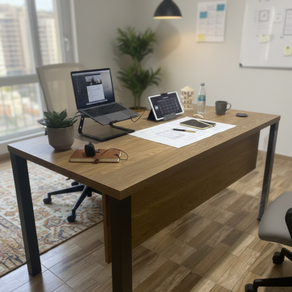 Modern office desk with light oak wooden top, grey metal legs, modesty panel, and a built-in cable grommet on a tiled floor.