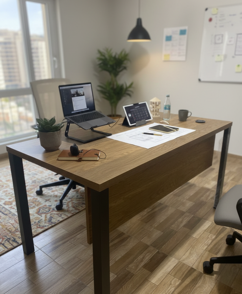 Modern office desk with light oak wooden top, grey metal legs, modesty panel, and a built-in cable grommet on a tiled floor.