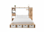 Modern all-in-one platform bed with integrated natural wood shelving, built-in hanging wardrobe, and perimeter cube storage base in a minimalist white room.