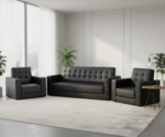 High-end Admiral™ black leather Capitonné sofa set with two armchairs for luxury executive office design.