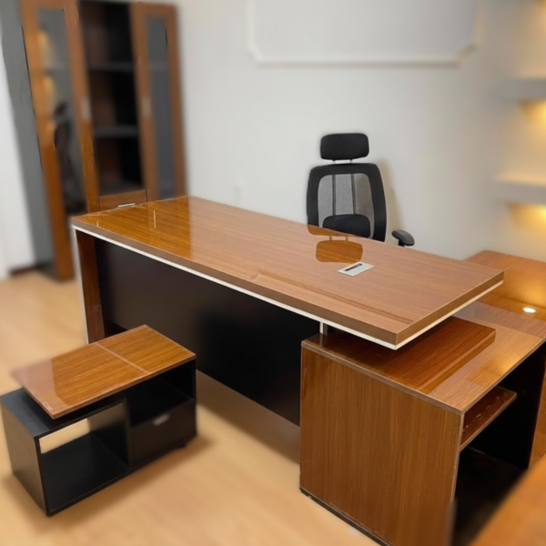Luxury high-gloss walnut executive desk with integrated L-shaped storage cabinet and matching coffee table by Quality Furniture Egypt.