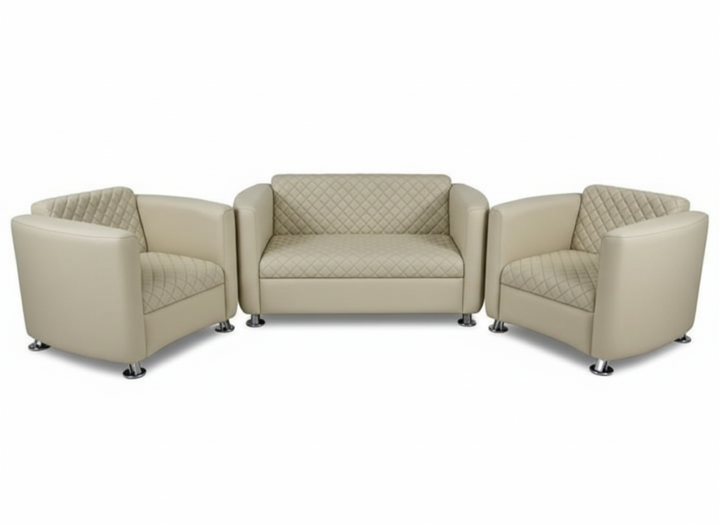 Premium cream leather office sofa set with diamond-stitched upholstery and solid wood internal frame for executive lounges.