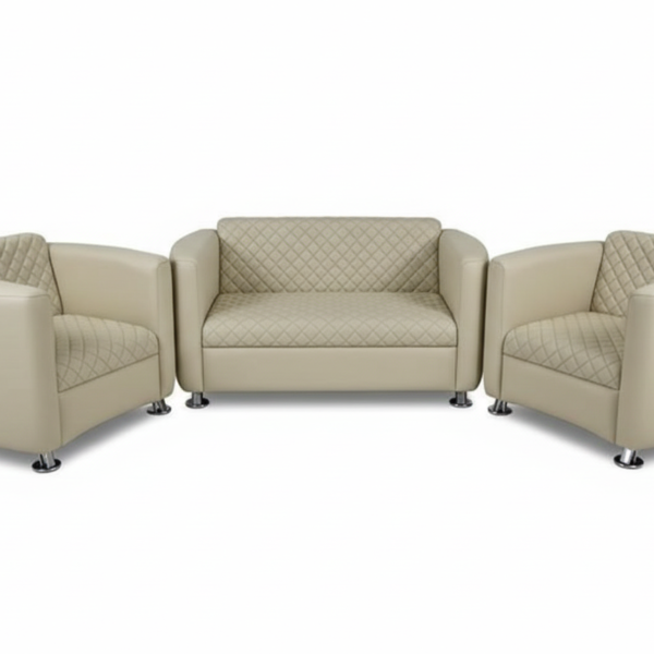 Premium cream leather office sofa set with diamond-stitched upholstery and solid wood internal frame for executive lounges.