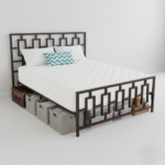 Elegant black double metal bed with a geometric headboard design and industrial-strength steel frame for modern master bedrooms.