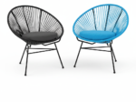 Quality Furniture Acapulco chair with blue and black cotton weaving, featuring a black electrostatic-coated steel frame and a comfortable round seat cushion.