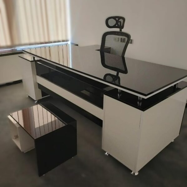 Luxury black and white high-gloss executive wood desk with side cabinet and coffee table by Quality Furniture Egypt.