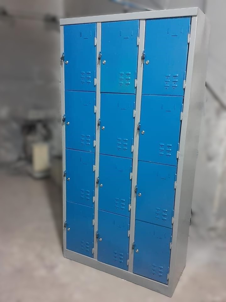 Industrial 12-door metal staff lockers with electrostatic coating and secure locks for gyms and factories.