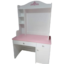 Kids pink and white wooden study desk featuring a built-in bookshelf, storage drawer, and cupboard with a decorative arched hutch top.