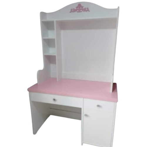 Kids pink and white wooden study desk featuring a built-in bookshelf, storage drawer, and cupboard with a decorative arched hutch top.