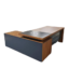 Executive L-shaped wooden office desk in dark brown finish with integrated side storage return, lockable drawers, and thick side panels for a professional managerial office.