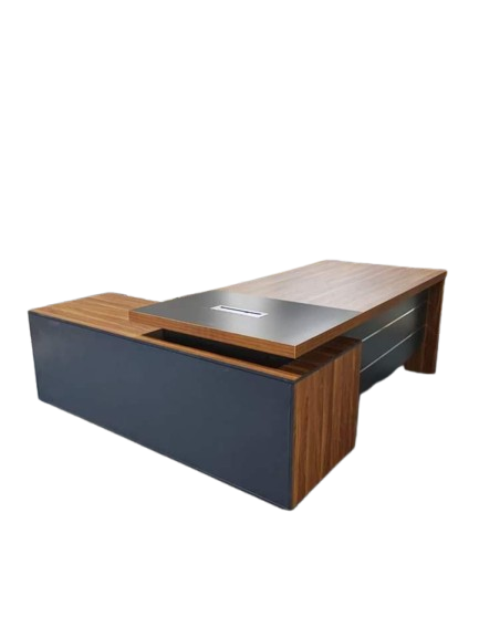 Executive L-shaped wooden office desk in dark brown finish with integrated side storage return, lockable drawers, and thick side panels for a professional managerial office.