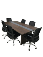 Two variations of a modern 6-person office meeting set: one in dark walnut with a grey center strip and another in light oak with a black cable management box, both featuring 6 black ergonomic mesh chairs.