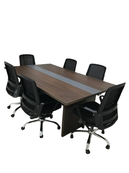 Two variations of a modern 6-person office meeting set: one in dark walnut with a grey center strip and another in light oak with a black cable management box, both featuring 6 black ergonomic mesh chairs.