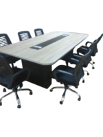 Two variations of a modern 6-person office meeting set: one in dark walnut with a grey center strip and another in light oak with a black cable management box, both featuring 6 black ergonomic mesh chairs.