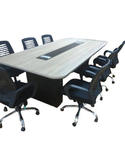 Executive rectangular meeting table with a thick walnut wood top, solid panel legs, and integrated silver cable management boxes for corporate conference rooms.