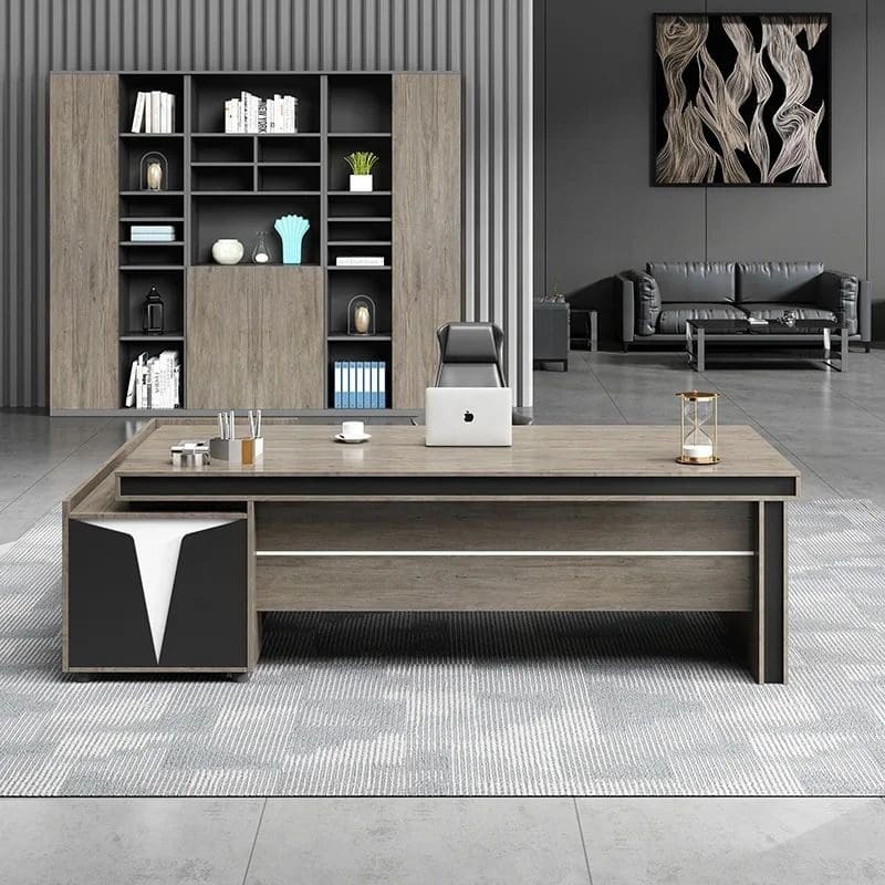 Grey Wood Finish Office Interior | Executive Manager Desk with Pedestal Storage and Contemporary Design Bookcase.