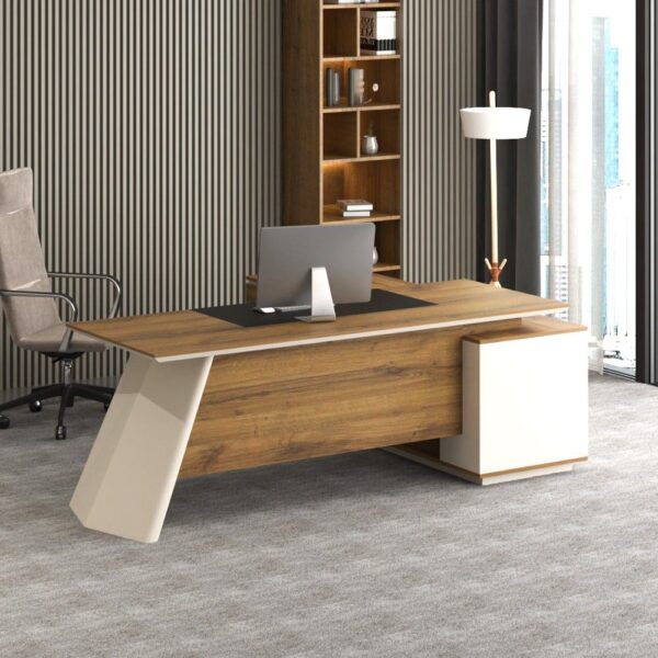 Contemporary Manager Desk 180cm with Slanted Leg and Open Bookcase for Office Interior.