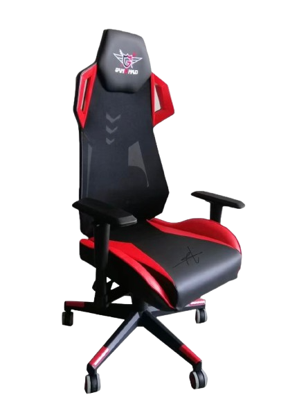 GAME PAD high-back ergonomic gaming chair in black and red mesh, featuring adjustable armrests and a 5-star swivel base for office and gaming use.