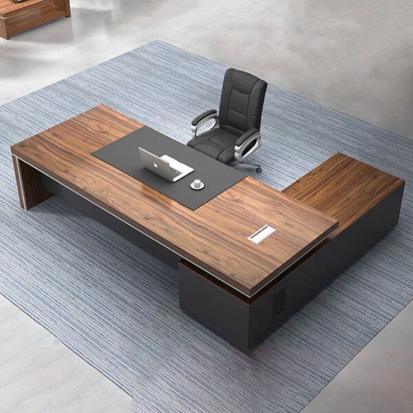 "Modern L-shaped executive office desk with walnut top and black storage unit"