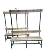 "Professional double-sided locker room bench with natural wood slats, central backrest, and integrated coat hooks on a grey metal frame."