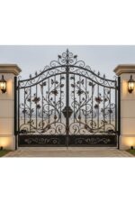 Luxury Classical Wrought Iron Double Entrance Gate with Gold Accents and Ornate Scrollwork
