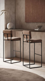 Contemporary High Bar Stools | Brown Fabric Upholstery & Matte Black Metal Frame | Modern Office Counter Seating