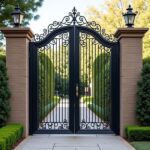 Luxury Classical Wrought Iron Double Entrance Gate with Gold Accents and Ornate Scrollwork
